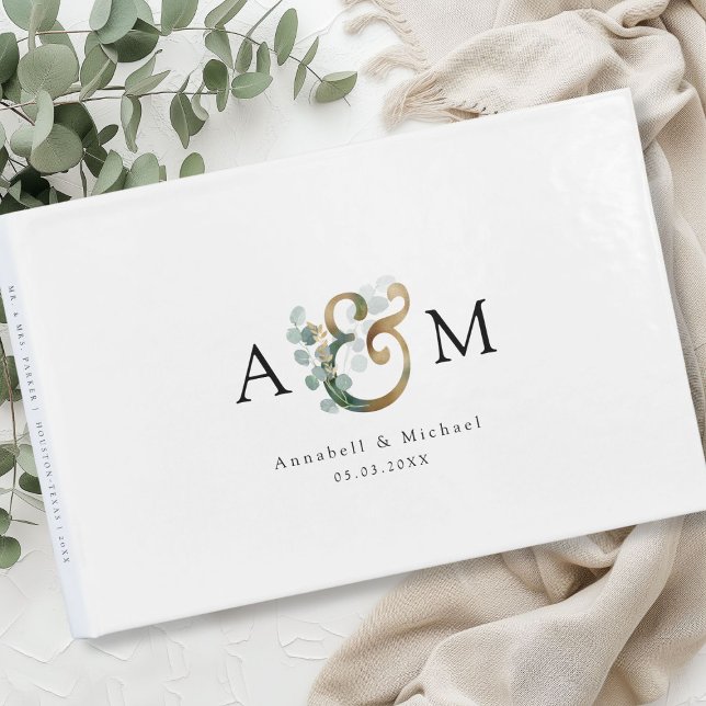 Modern Elegant Eucalyptus Ampersand Bröllop Gästböcker (Modern, elegant eucalyptus ampersand wedding guest book, personalized)