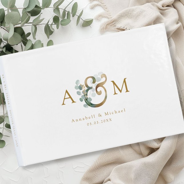 Modern Elegant Eucalyptus Ampersand Bröllop Gästböcker (Modern, elegant eucalyptus ampersand wedding guest book, personalized)