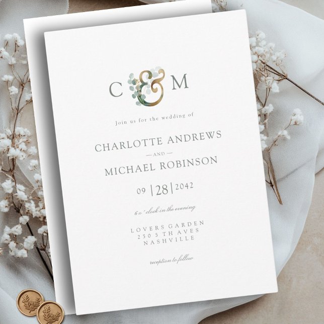 Modern Elegant Eucalyptus Ampersand Bröllop Inbjudningar (Modern Elegant Eucalyptus Ampersand Wedding Invitation)