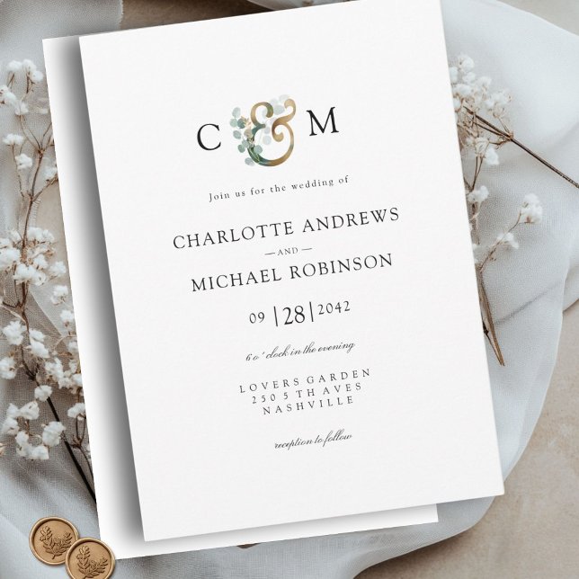 Modern Elegant Eucalyptus Ampersand Bröllop Inbjudningar (Modern Elegant Eucalyptus Ampersand Wedding Invitation)