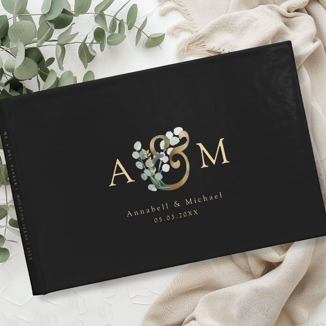 Modern Elegant Eucalyptus Ampersand Bröllop Napkin Gästböcker (Modern, elegant eucalyptus ampersand wedding guest book, personalized)