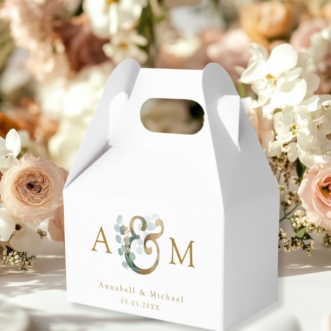 Modern Elegant Eucalyptus Ampersand Bröllop Presentaskar (Eucalyptus Wedding Favor Box, Monogram, Ampersand, Botanical, white, beige-gold, minimal, modern.)