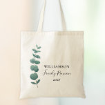 Modern Elegant Eucalyptus Familjeåterförening Tygkasse<br><div class="desc">Denna Family Reunion Tote Bag är dekorerad med en snyggt-vattenfärgseucalyptus sprig och elegant-typografi. Enkelt anpassade. Använda Verktyg i Design om du vill ändra texten storlekt,  stil eller färg. Eftersom vi skapar vår teckning kommer du inte att hitta just den här bilden från andra designers. Ursprunglig vattenfärg © Michele Davies.</div>