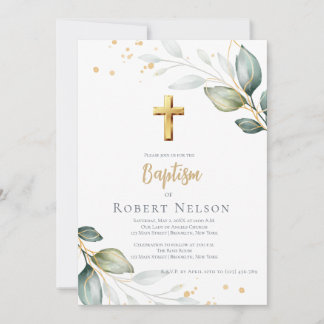 Modern Elegant Eucalyptus Gold Baptism Christening Inbjudningar