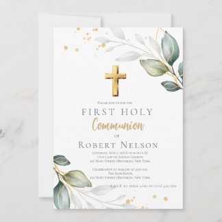Modern Elegant Eucalyptus Gold First Communion  Inbjudningar