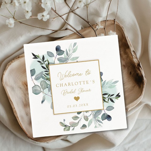 Modern, elegant, eucalyptus möhippa napkins pappersservett (Modern, elegant eucalyptus bridal shower napkins with your name and date.)
