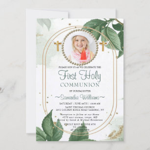 Modern Elegant Eucalyptus Photo First Communion Inbjudningar