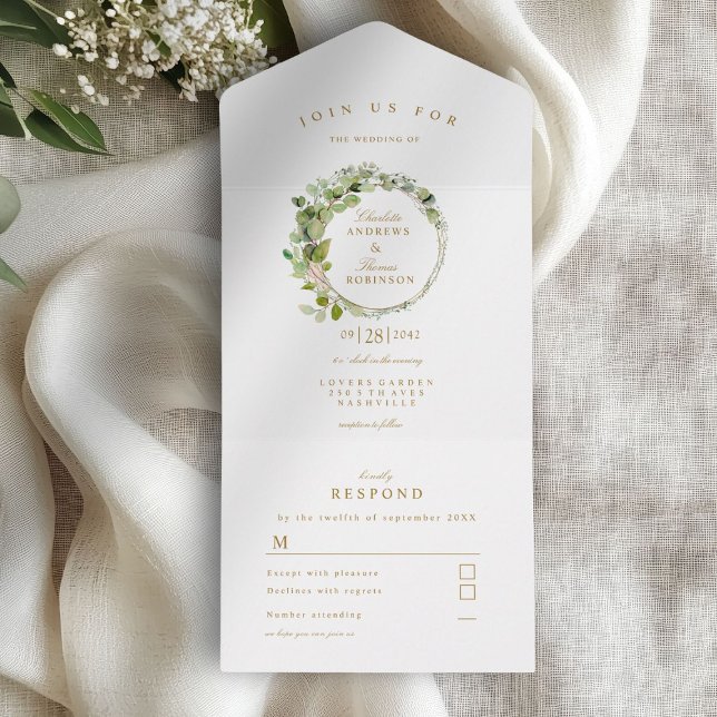Modern, elegant, eukalyptus bröllop (Modern, elegant eucalyptus wreath wedding all in one invitation)