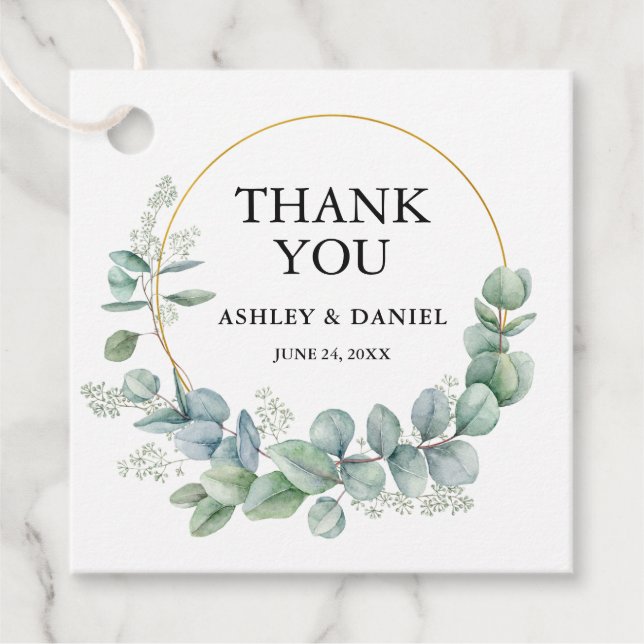 Modern Elegant Eukalyptus Guld Bröllop Tacksamhet Gåvor Etiketter (Framsida)