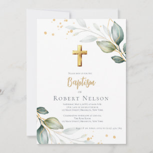 Modern Elegant Eukalyptus Guld Dop Dopceremoni Inbjudningar