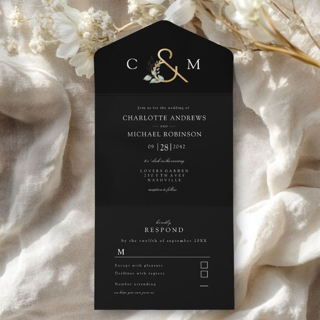 Modern, elegant eukalyptusbröllop (Modern, elegant eucalyptus ampersand  wedding all in one invitation)
