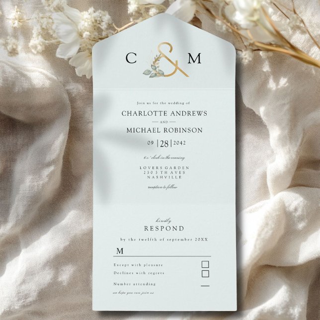 Modern, elegant eukalyptusbröllop (Modern, elegant eucalyptus wedding all in one invitation)