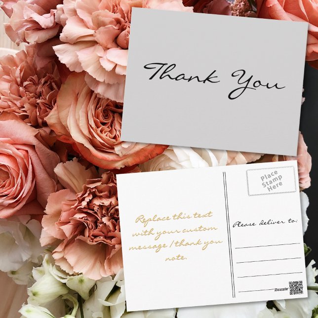 Modern Elegant Falsk Guld Script Grå Tack Vykort (Modern Elegant Faux Gold Script Gray Thank You Postcard)