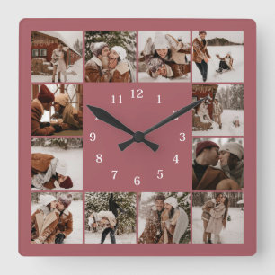 Modern Elegant Family 12 Photo Collage Keepsaké Fyrkantig Klocka