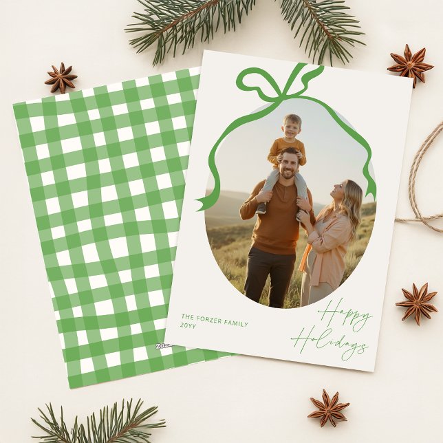 Modern Elegant Family Photo Green Bow Christmas Julkort (Skapare uppladdad)