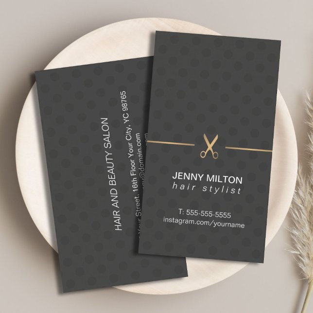 Modern Elegant Faux Guld Black Doged Hair Stylist Visitkort (Skapare uppladdad)