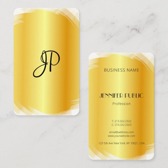 Modern Elegant Faux Guld White Monogram Visitkort (Fram/baksida)