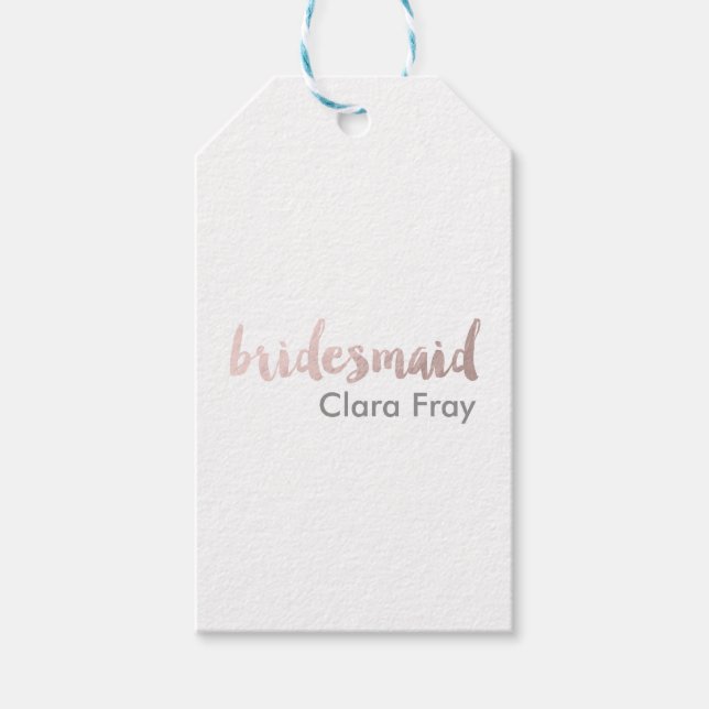 Modern elegant faux ro guld bridesmaid text presentetikett (Framsidan)