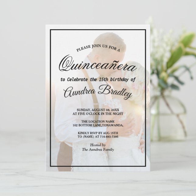 modern Elegant Faux Vellum Overlay Photo Birthday Inbjudningar (Stående Fram)