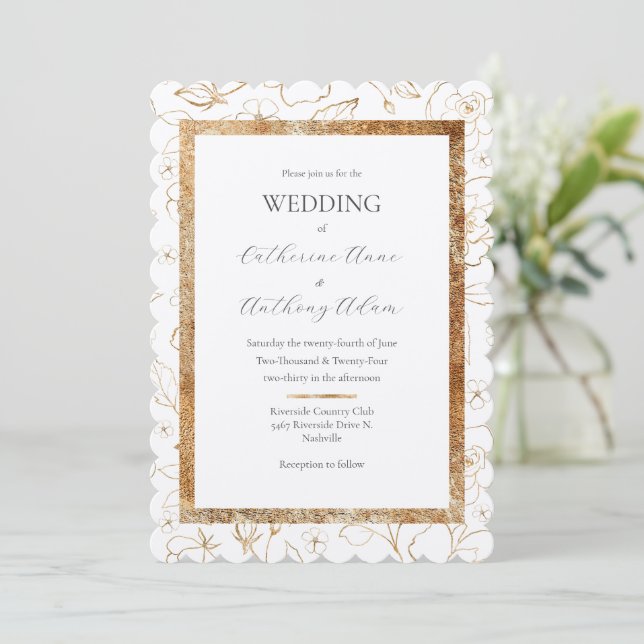 Modern Elegant Felt Guld Blommigt Bröllop Inbjudningar (Stående Fram)