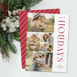 Modern Elegant fem Photo Collage Glad helg Julkort<br><div class="desc">Skicka snyggtens semesterhälsningar med dessa vackra fem fotokollage-helgdagskort! De har fem fotomallar till lämnad om kortet, med elegant, modern typografi på högerna och med texten "Glad helg". Kortets baksida innehåller enkelt diagonalt rand i vitt över en röd bakgrund. Om du vill se det här kortet i ett färg som inte...</div>