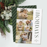 Modern Elegant fem Photo Collage Glad helg Julkort<br><div class="desc">Skicka snyggtens semesterhälsningar med dessa vackra fem fotokollage-helgdagskort! De har fem fotomallar till lämnad om kortet, med elegant, modern typografi på högerna och med texten "Glad helg". Kortets baksida innehåller enkelt diagonalt rand i vitt över en mörk grönt bakgrund. Om du vill se det här kortet i ett färg som...</div>