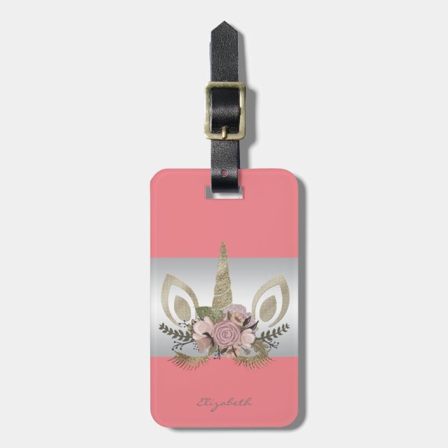 Modern Elegant Feminint, Enhörning, Blommig Krona Bagagebricka (Vertikal Framsida)