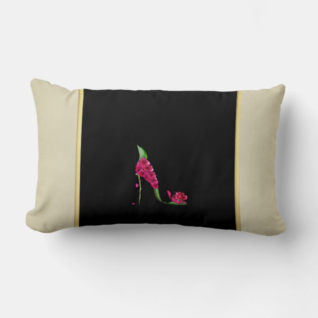 Modern Elegant Feminint, Svart, Krämfärgad, Blomma Lumbarkudde (Framsida)