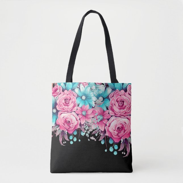 Modern Elegant Festive Rosa & Teal Blommigt Tote Tygkasse (Framsida)