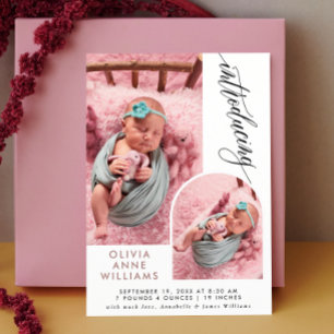 Modern Elegant Flicka Photo Collage Birth Meddelande