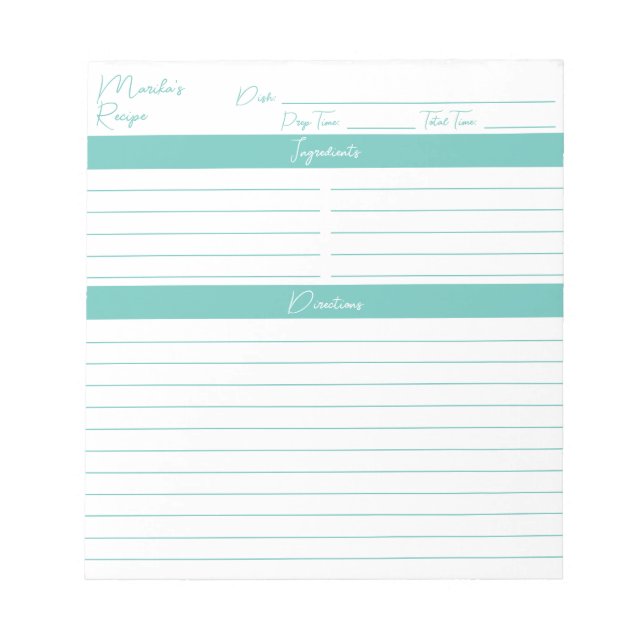Modern Elegant för Aqua Personlig Rececipes Anteckningsblock (Framsida)
