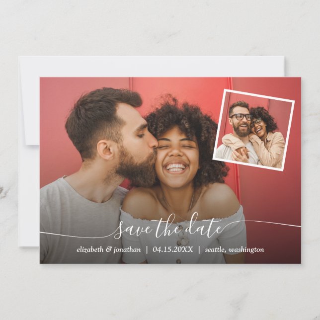 Modern Elegant för QR-kodfotoskript Spara Datumet (Framsida)