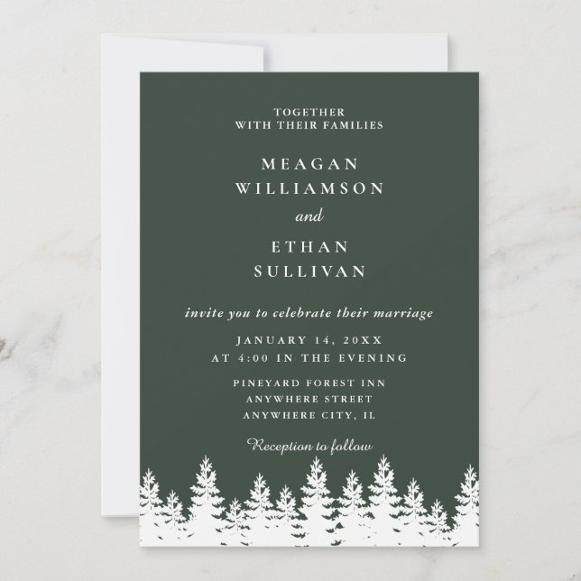 Modern Elegant Forest Grönt White Winter Wedding Inbjudningar (Framsida)