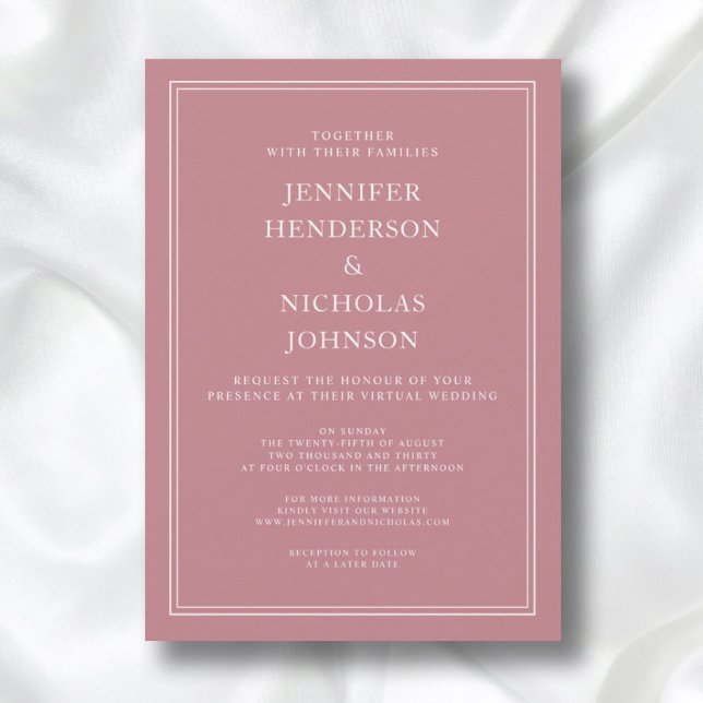 Modern Elegant Formell Dammros Virtuell Bröllopsfe Inbjudningar (Front / Modern Elegant Formal Dusty Rose Virtual Wedding Invitation)