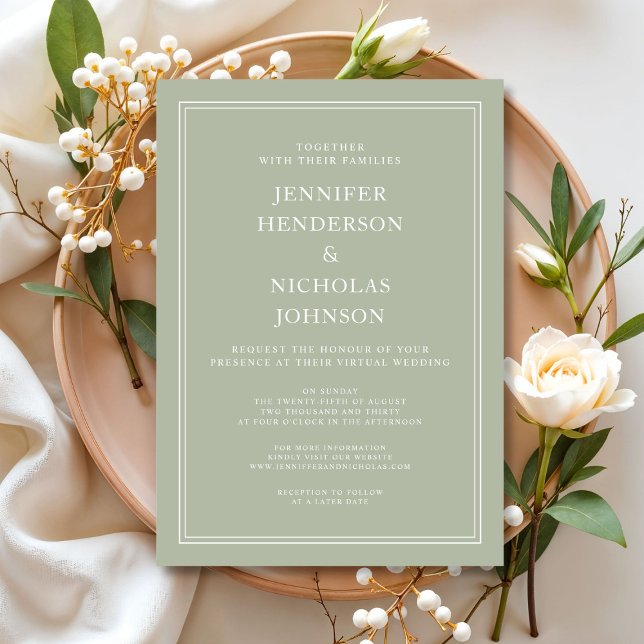 Modern Elegant Formell Salvia Grön Virtuell Bröllo Inbjudningar (Modern Elegant Formal Sage Green Virtual Wedding Invitation)