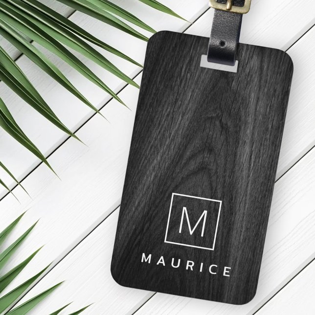 Modern elegant, första namn, svart trä bagagebricka (Modern elegant monogram initial name black wood luggage tag)