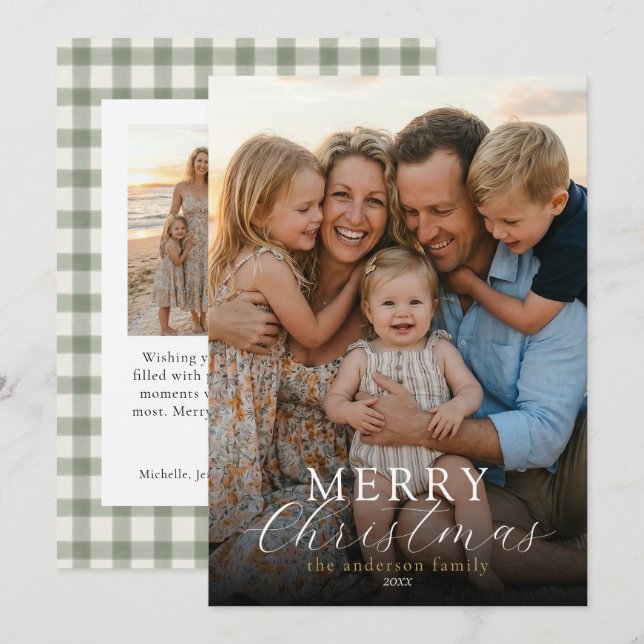 Modern Elegant Foto God Jul Gingham   Julkort (Fram/baksida)