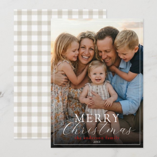 Modern Elegant Foto God Jul Gingham   Julkort (Fram/baksida)