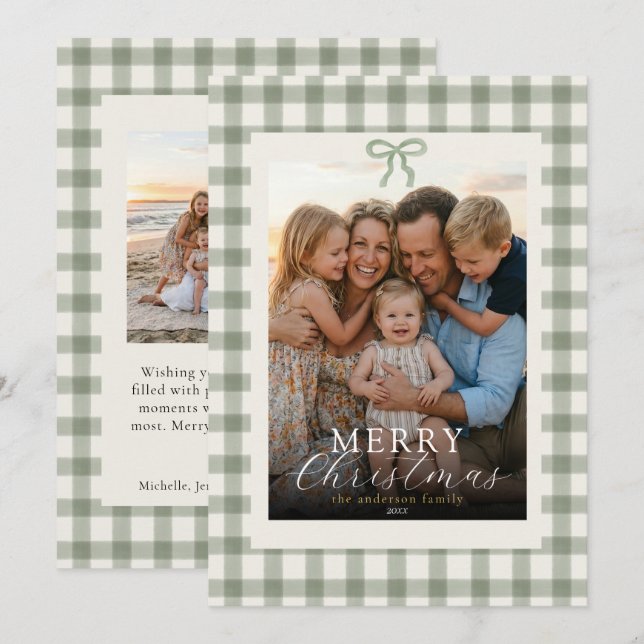 Modern Elegant Foto God Jul Gingham Slinga  Julkort (Fram/baksida)