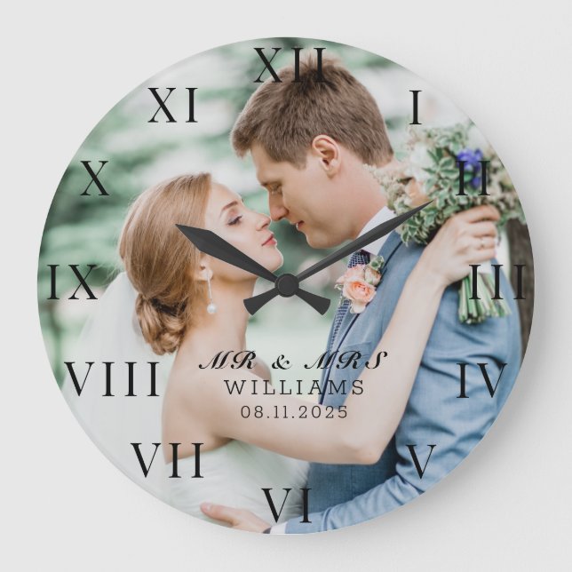 Modern Elegant Foto Nygift Bröllop Stor Klocka (Framsida)