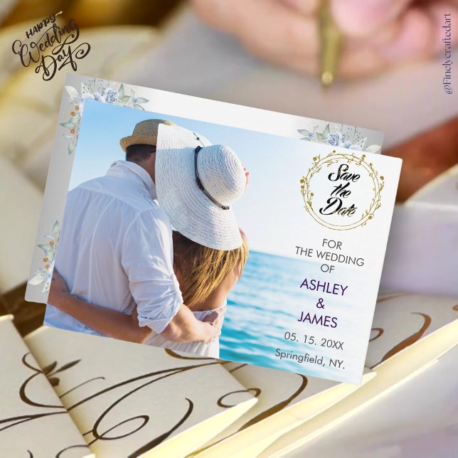 Modern Elegant Foto Spara Blommigten Date Guld Inbjudningar (Skapare uppladdad)