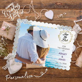 Modern Elegant Foto Spara Blommigten Date Guld Inbjudningar