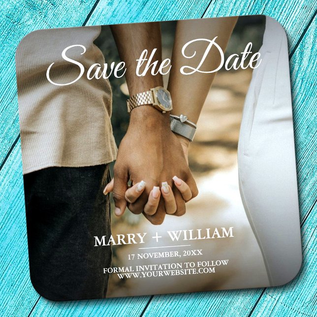 Modern Elegant Foto Spara Datum bröllopsdekoration Underlägg Papper Kvadrat (Modern Elegant Photo Save The Date Wedding Decor Square Paper Coaster, Wedding Party Decor)