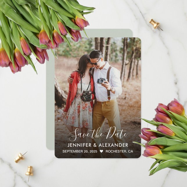 Modern elegant-foto Spara datum Spara Datumet (Modern rustic photo wedding Save the Date card. You can add your own photo and text.)