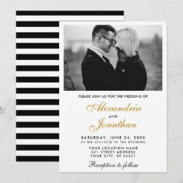 Modern Elegant Foto Stripe Bröllop Guld BW Inbjudningar