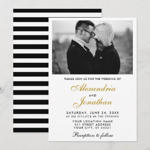 Modern Elegant Foto Stripe Bröllop Guld BW Inbjudningar