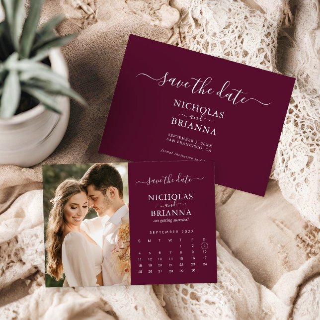 Modern Elegant Fotokalender Burgundy Bröllop Spara Datumet (Skapare uppladdad)