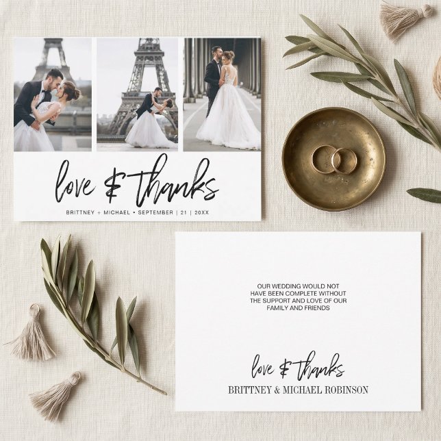 Modern Elegant Fotokollage med Handstilat Tryck Tack Kort (Thank your guests with these modern photo collage thank you cards with hand-lettered "love & thanks")