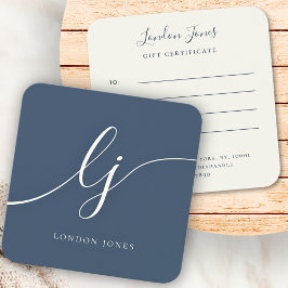 Modern Elegant Gift Certificate Navy Blue Ivory Fyrkantigt Visitkort
