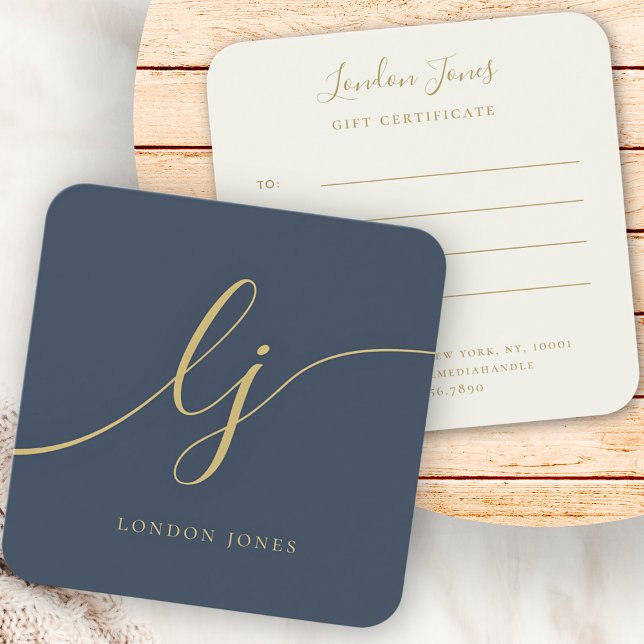 Modern Elegant Gift Certificate Navy Ivory Guld Fyrkantigt Visitkort (Skapare uppladdad)